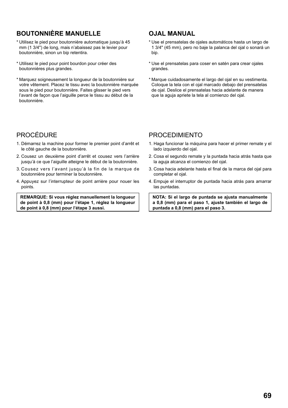 Boutonnière manuelle, Procédure, Ojal manual | Procedimiento | SINGER 8770 CURVY User Manual | Page 69 / 95
