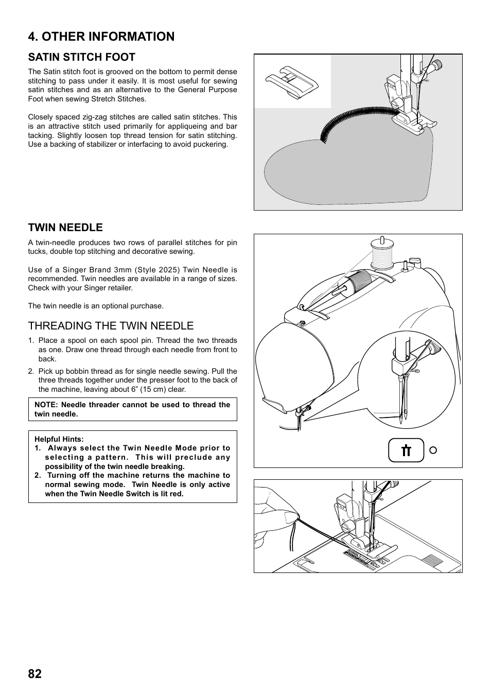 Other information, Satin stitch foot, Twin needle | Threading the twin needle | SINGER 8770 CURVY User Manual | Page 82 / 95
