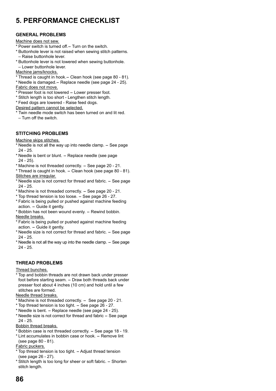 Performance checklist | SINGER 8770 CURVY User Manual | Page 86 / 95
