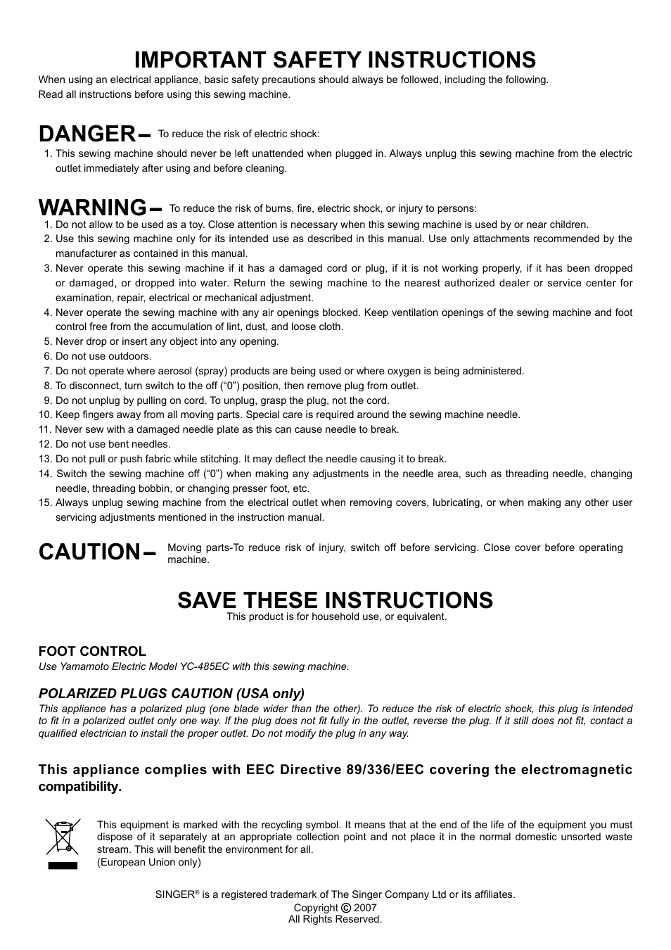 Important safety instructions, Warning, Caution- save these instructions | Danger | SINGER 8770 CURVY User Manual | Page 95 / 95