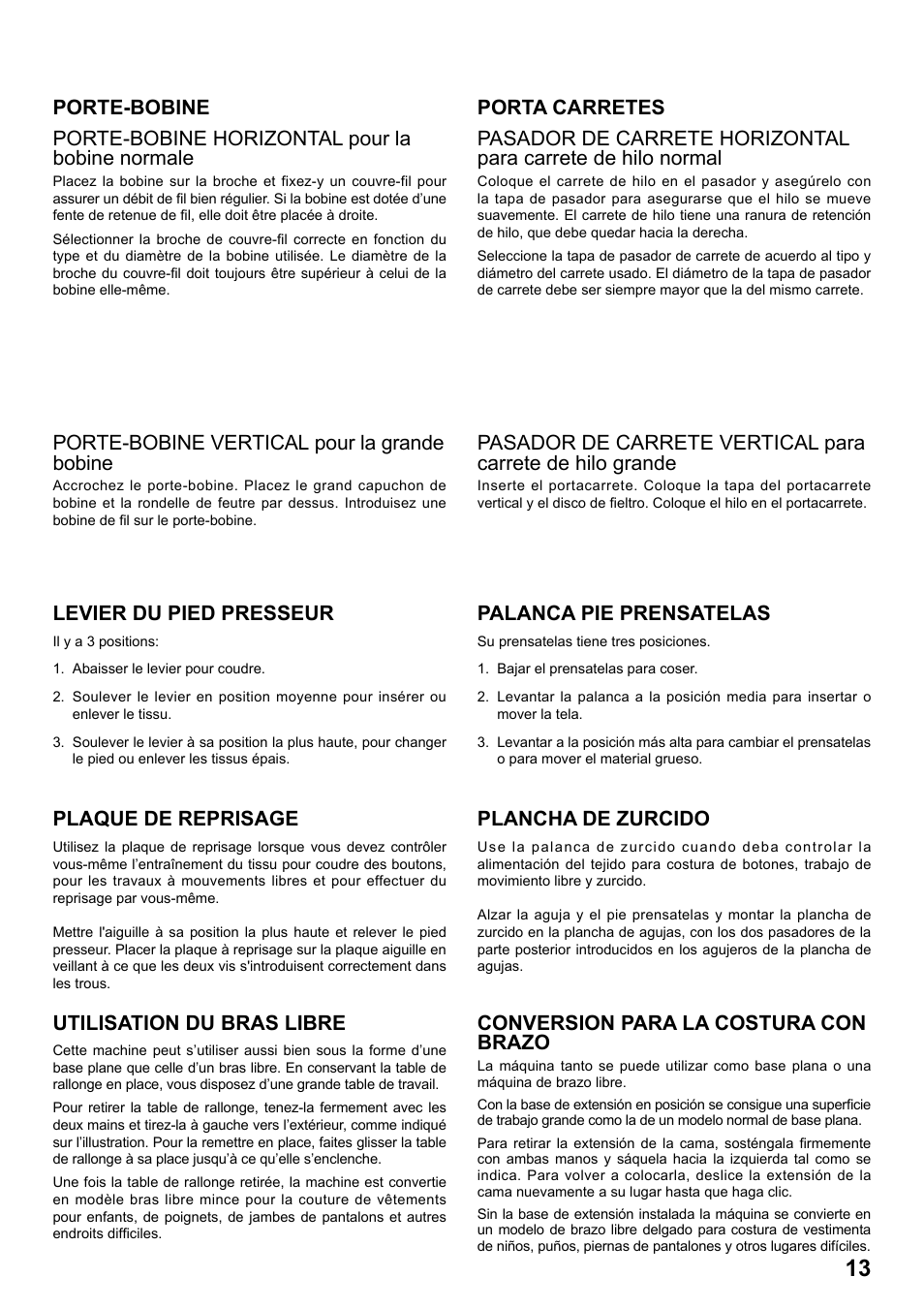 Porte-bobine vertical pour la grande bobine, Levier du pied presseur, Palanca pie prensatelas | Utilisation du bras libre, Conversion para la costura con brazo, Plaque de reprisage, Plancha de zurcido | SINGER 8763 CURVY User Manual | Page 13 / 68