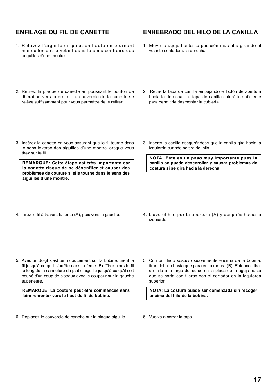 Enfilage du fil de canette, Enhebrado del hilo de la canilla | SINGER 8763 CURVY User Manual | Page 17 / 68