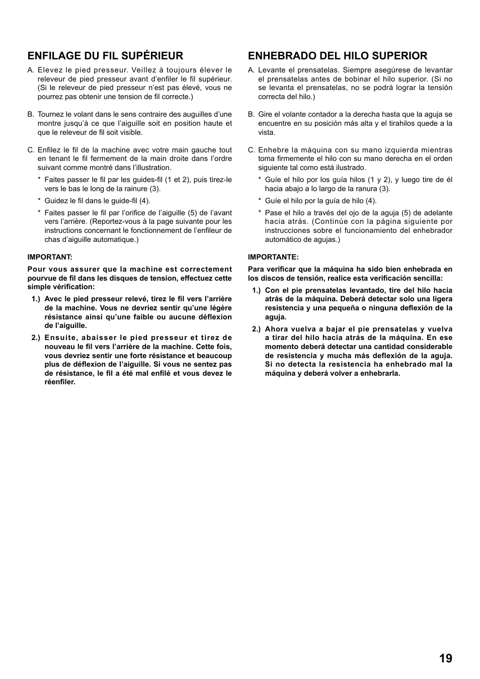 Enfilage du fil supérieur, Enhebrado del hilo superior | SINGER 8763 CURVY User Manual | Page 19 / 68