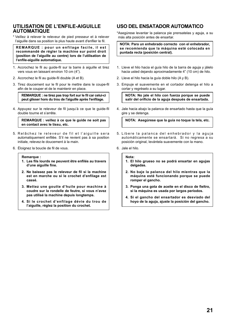 Uso del ensatador automatico, Utilisation de l’enfile-aiguille automatique | SINGER 8763 CURVY User Manual | Page 21 / 68