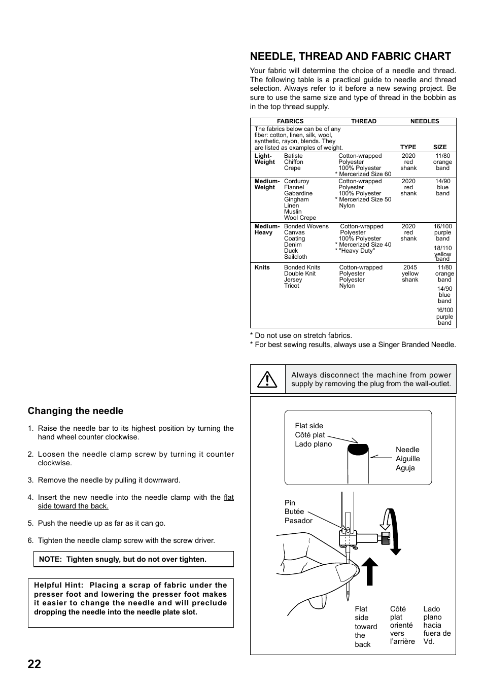 Needle, thread and fabric chart, Changing the needle | SINGER 8763 CURVY User Manual | Page 22 / 68