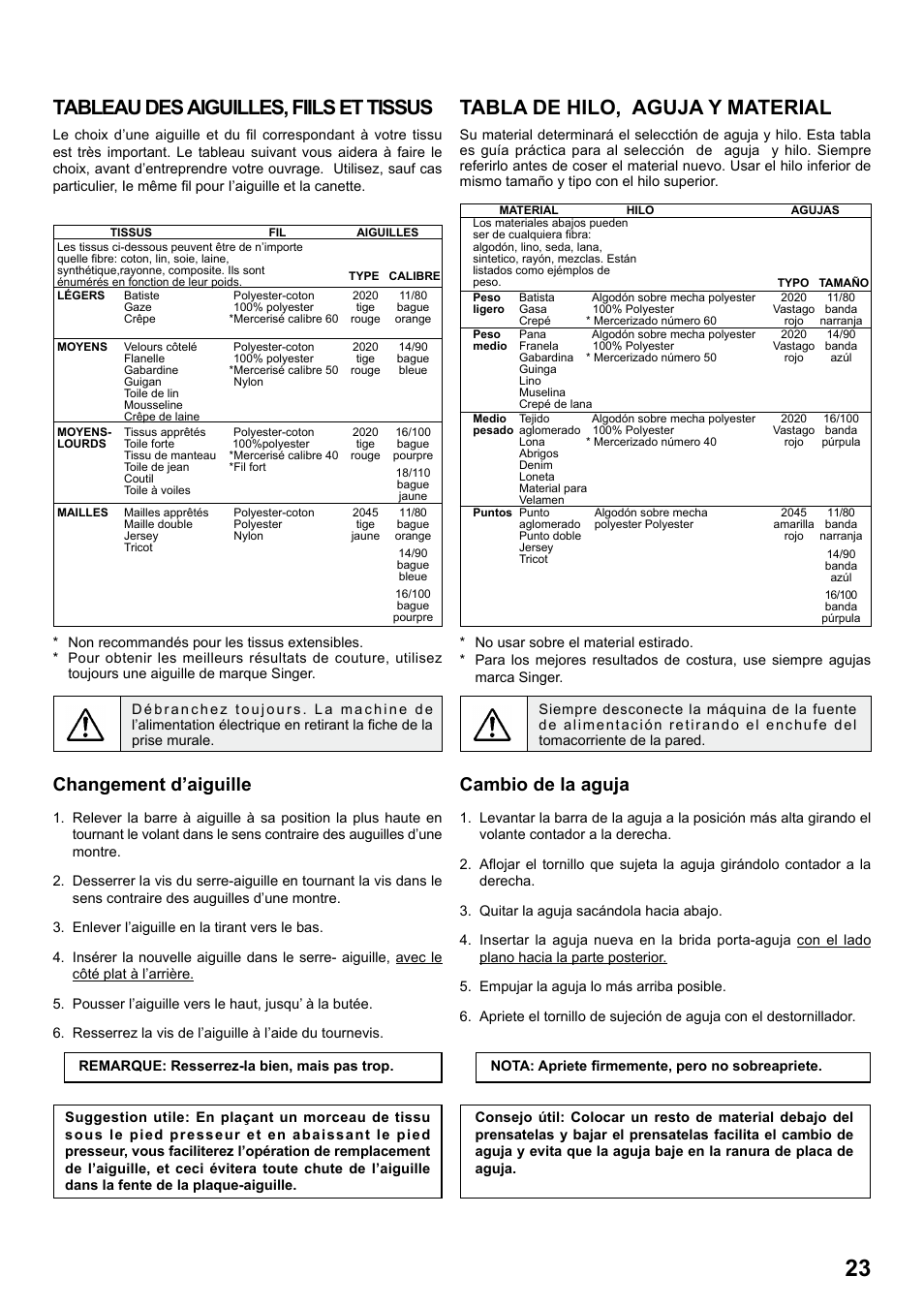 Tabla de hilo, aguja y material, Tableau des aiguilles, fiils et tissus, Cambio de la aguja | Changement d’aiguille | SINGER 8763 CURVY User Manual | Page 23 / 68
