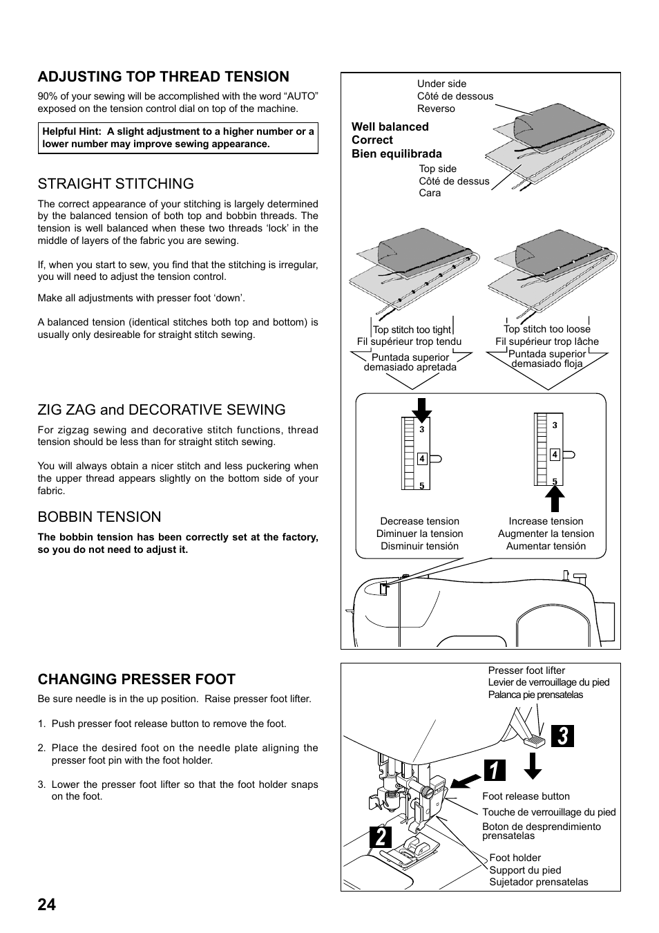 Adjusting top thread tension, Straight stitching, Zig zag and decorative sewing | Bobbin tension, Changing presser foot | SINGER 8763 CURVY User Manual | Page 24 / 68