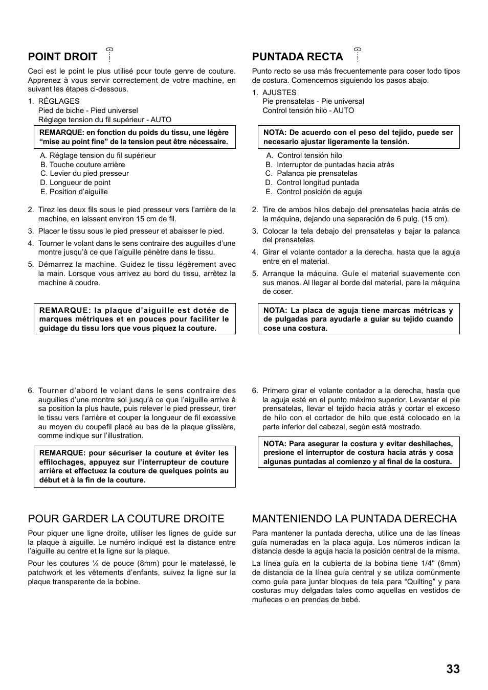 Point droit, Puntada recta, Pour garder la couture droite | Manteniendo la puntada derecha | SINGER 8763 CURVY User Manual | Page 33 / 68