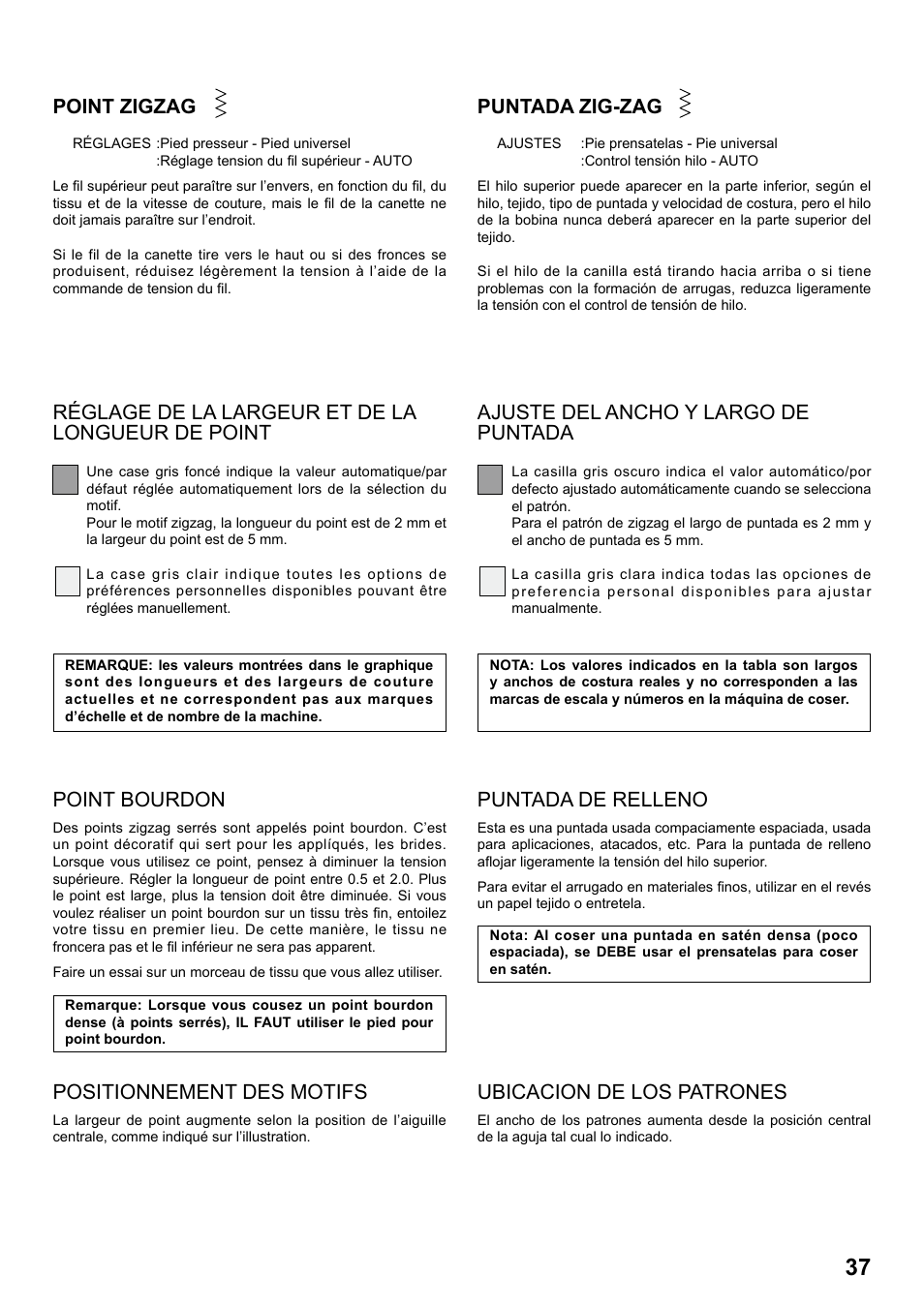 Puntada de relleno, Ubicacion de los patrones, Point bourdon | Positionnement des motifs, Point zigzag, Puntada zig-zag | SINGER 8763 CURVY User Manual | Page 37 / 68