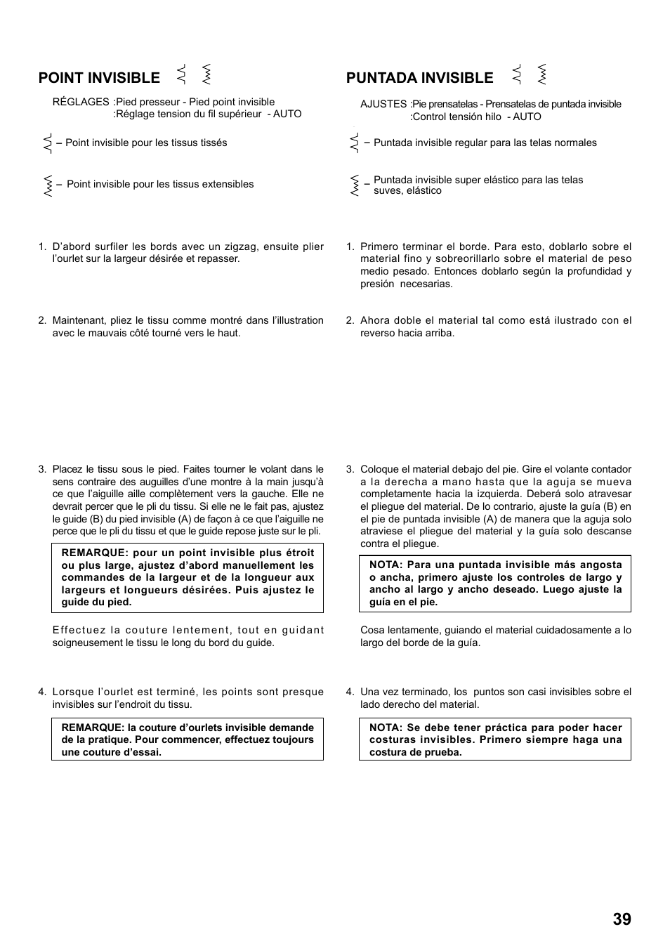 Point invisible, Puntada invisible | SINGER 8763 CURVY User Manual | Page 39 / 68