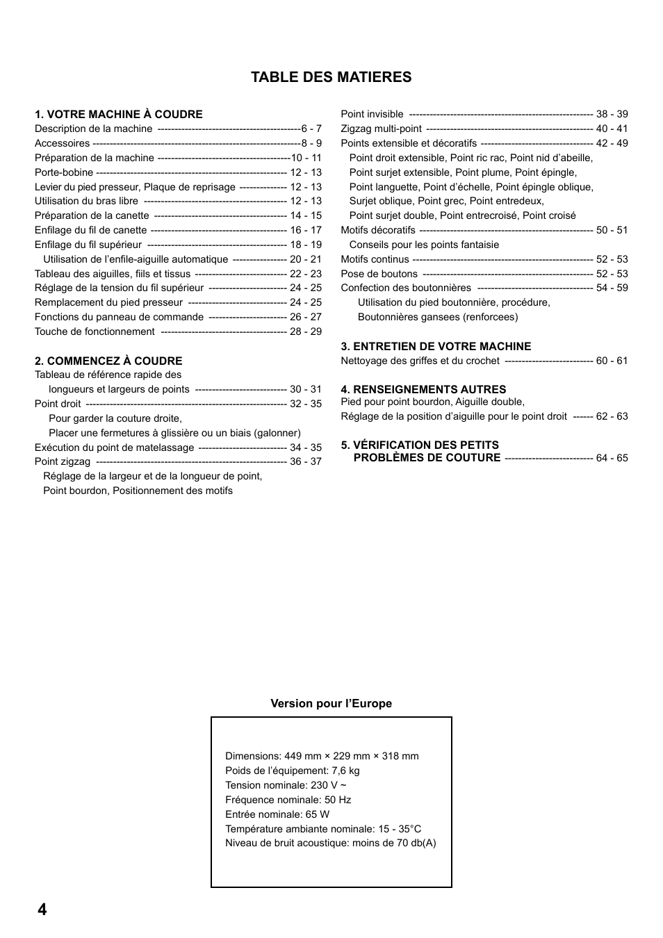 Table des matieres | SINGER 8763 CURVY User Manual | Page 4 / 68