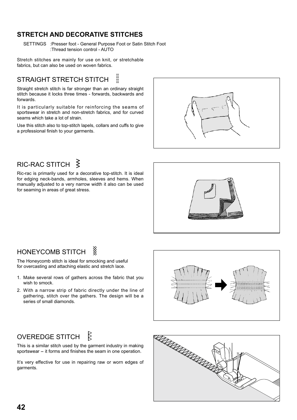 Stretch and decorative stitches, Straight stretch stitch, Ric-rac stitch | Honeycomb stitch, Overedge stitch | SINGER 8763 CURVY User Manual | Page 42 / 68