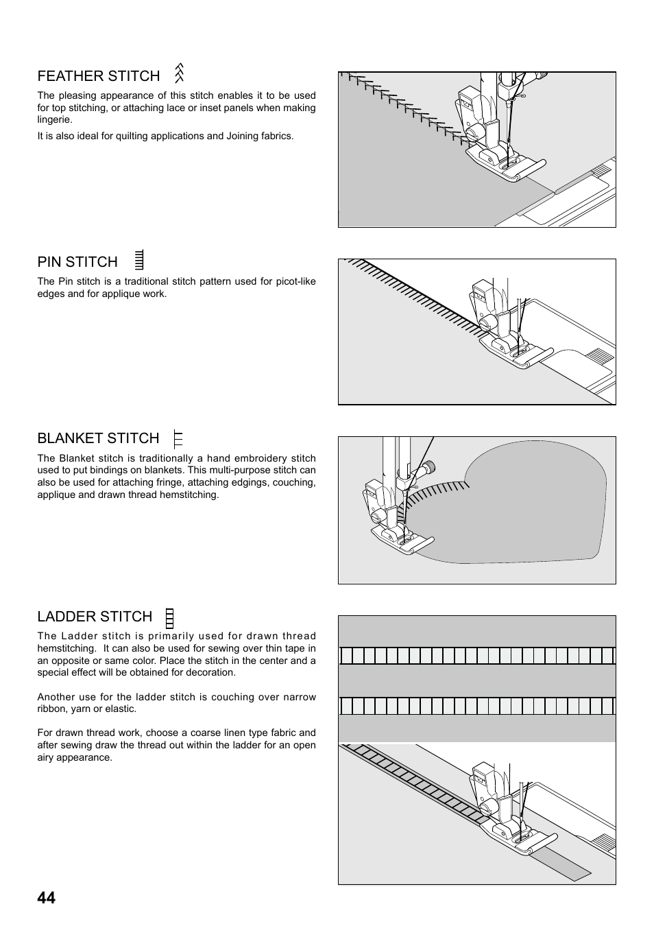 Feather stitch, Pin stitch, Ladder stitch | Blanket stitch | SINGER 8763 CURVY User Manual | Page 44 / 68