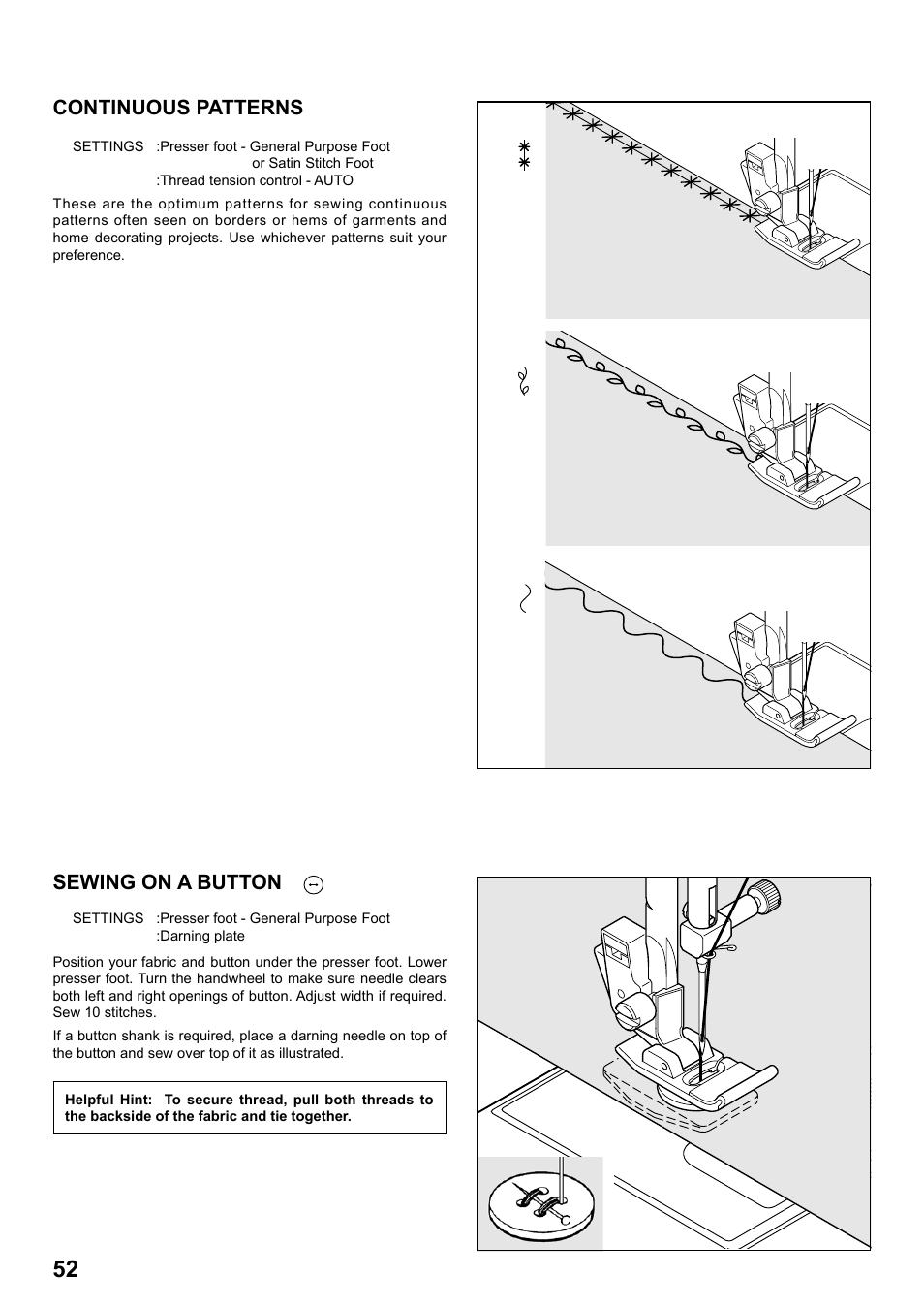 Continuous patterns, Sewing on a button | SINGER 8763 CURVY User Manual | Page 52 / 68
