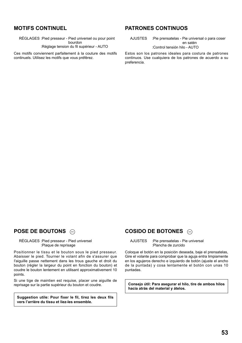 Motifs continuel, Patrones continuos, Pose de boutons | Cosido de botones | SINGER 8763 CURVY User Manual | Page 53 / 68