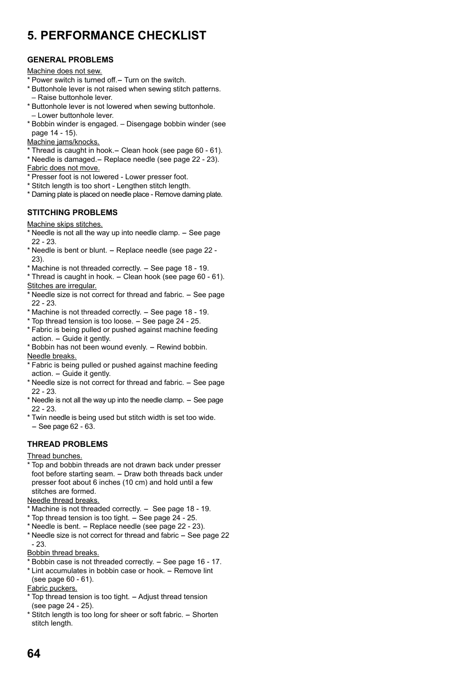 64 5. performance checklist | SINGER 8763 CURVY User Manual | Page 64 / 68