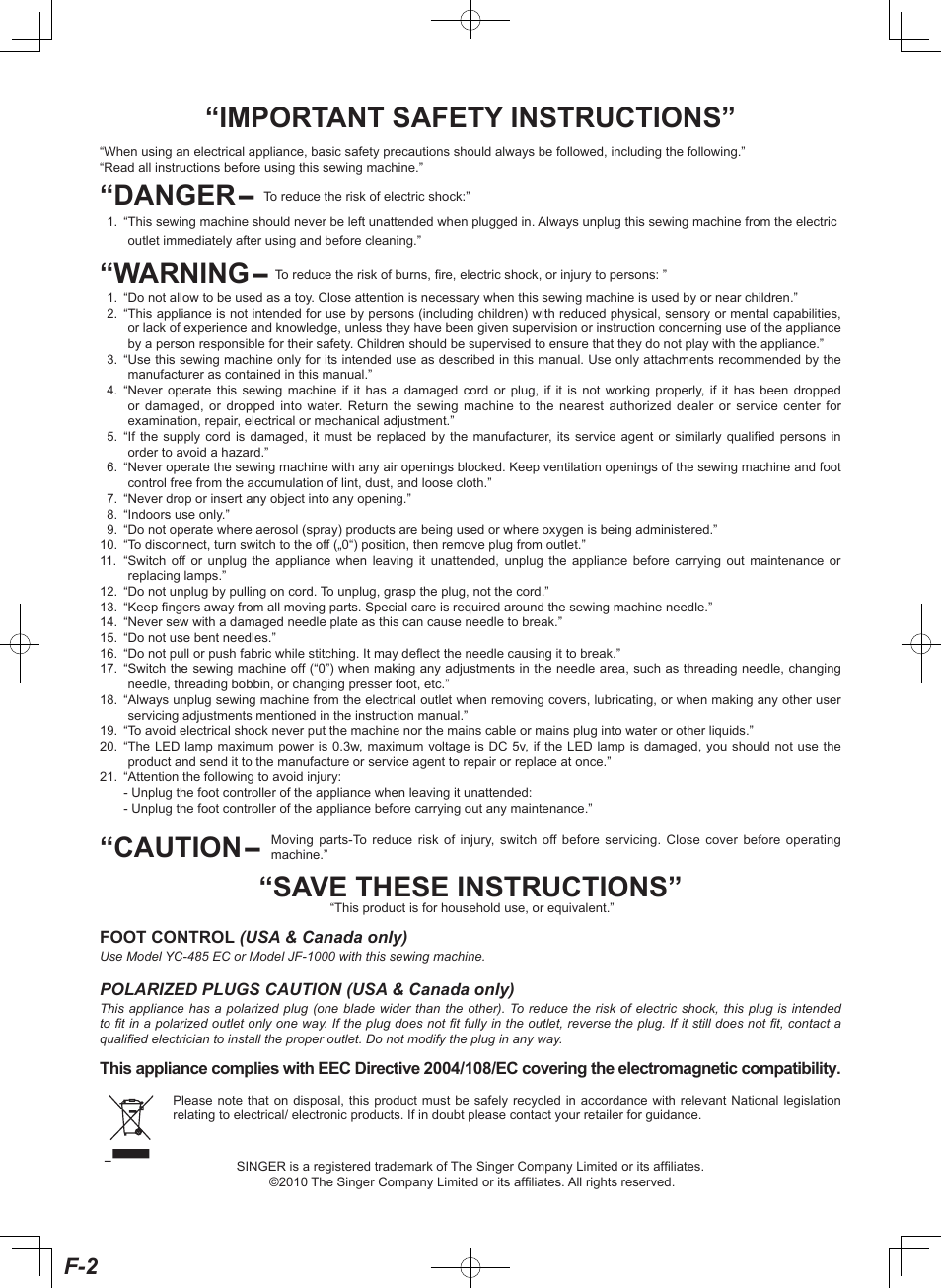 Important safety instructions” “warning, Save these instructions, Danger | Caution | SINGER 7467S CONFIDENCE STYLIST User Manual | Page 2 / 88