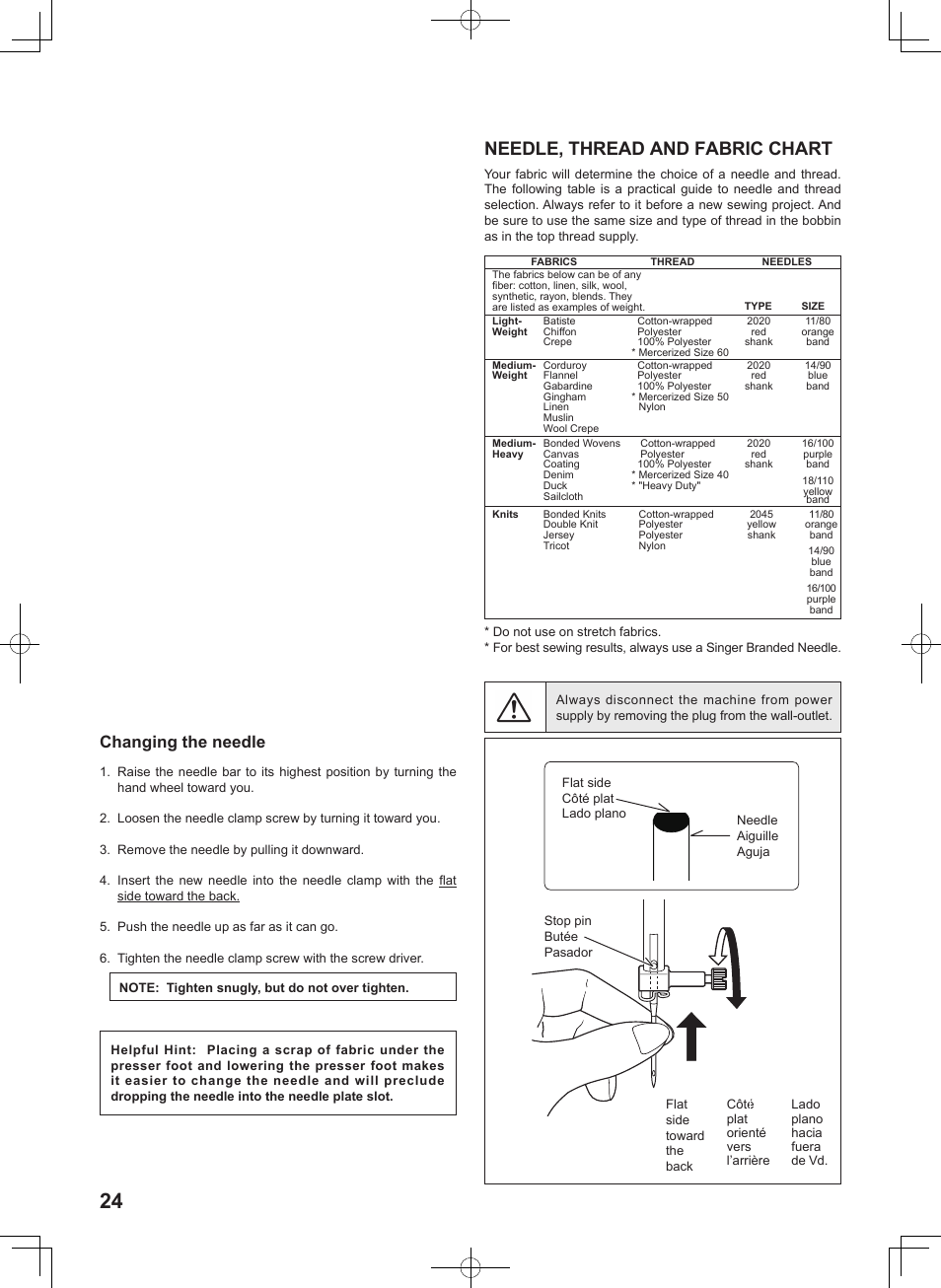 Needle, thread and fabric chart, Changing the needle | SINGER 7467S CONFIDENCE STYLIST User Manual | Page 26 / 88
