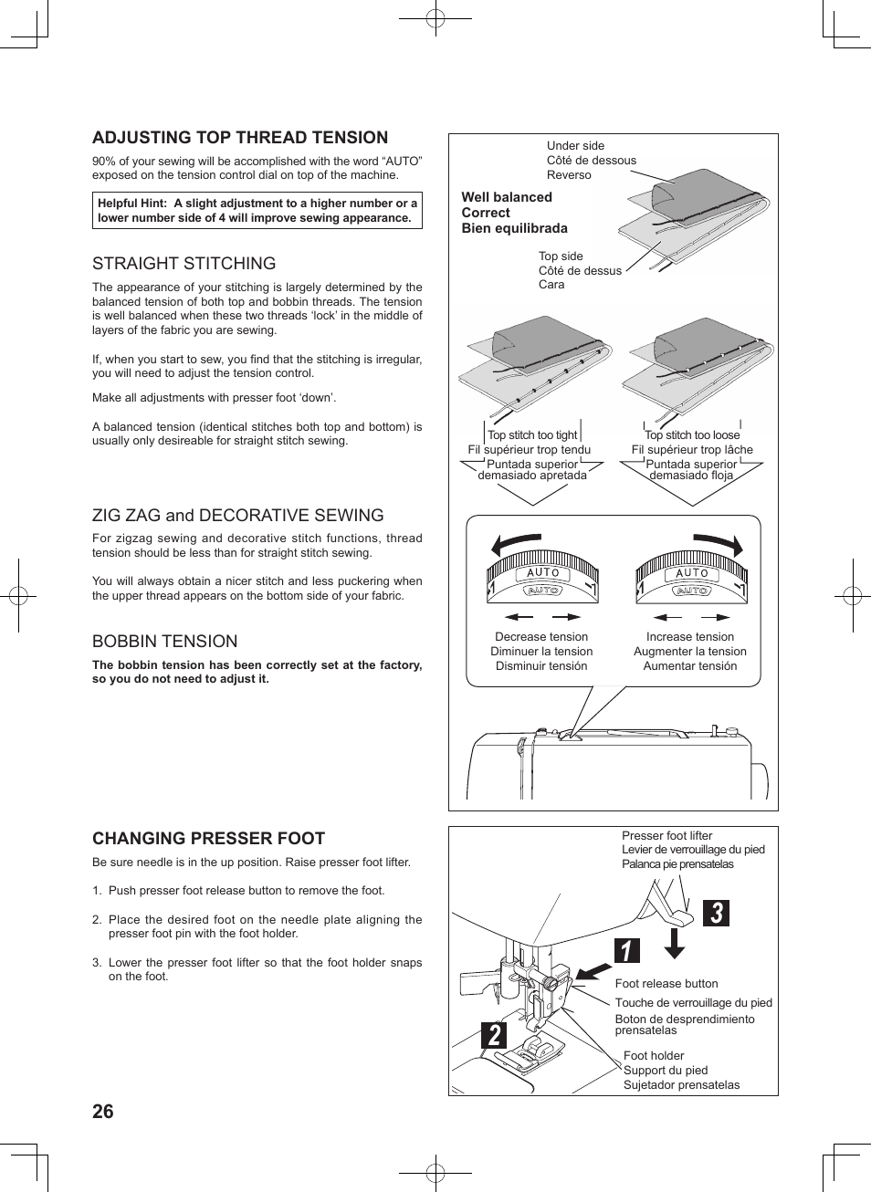 Adjusting top thread tension, Straight stitching, Zig zag and decorative sewing | Bobbin tension, Changing presser foot | SINGER 7467S CONFIDENCE STYLIST User Manual | Page 28 / 88