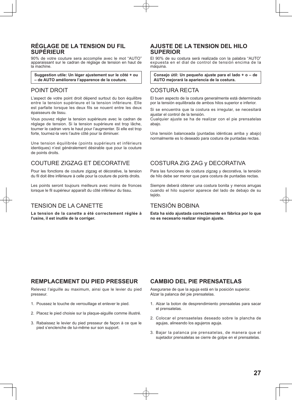 Réglage de la tension du fil supérieur, Point droit, Couture zigzag et decorative | Tension de la canette, Remplacement du pied presseur, Ajuste de la tension del hilo superior, Costura recta, Costura zig zag y decorativa, Tensión bobina, Cambio del pie prensatelas | SINGER 7467S CONFIDENCE STYLIST User Manual | Page 29 / 88