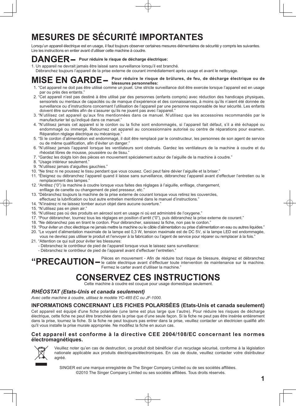 Precaution, Conservez ces instructions | SINGER 7467S CONFIDENCE STYLIST User Manual | Page 3 / 88