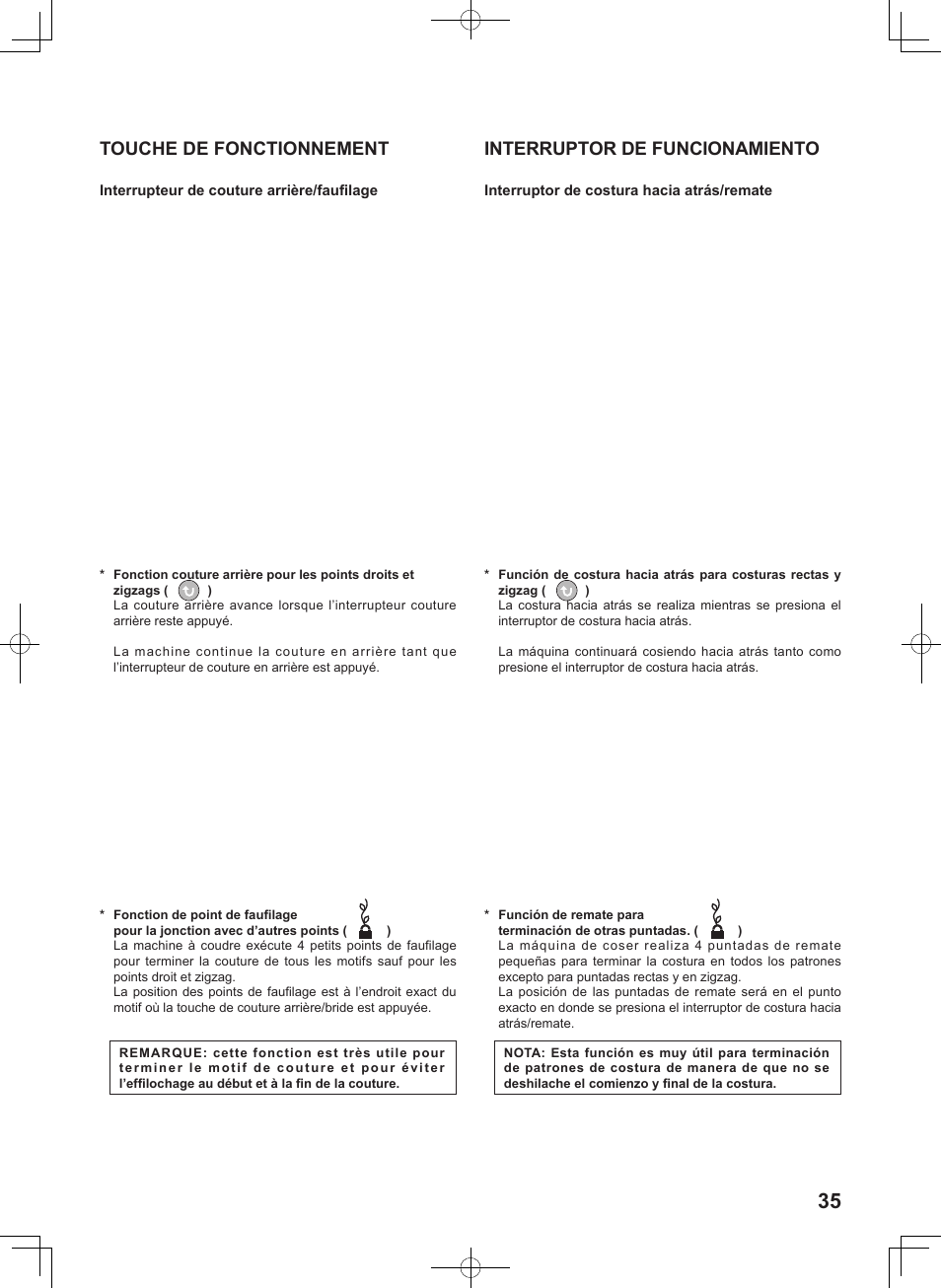 Touche de fonctionnement, Interruptor de funcionamiento | SINGER 7467S CONFIDENCE STYLIST User Manual | Page 37 / 88