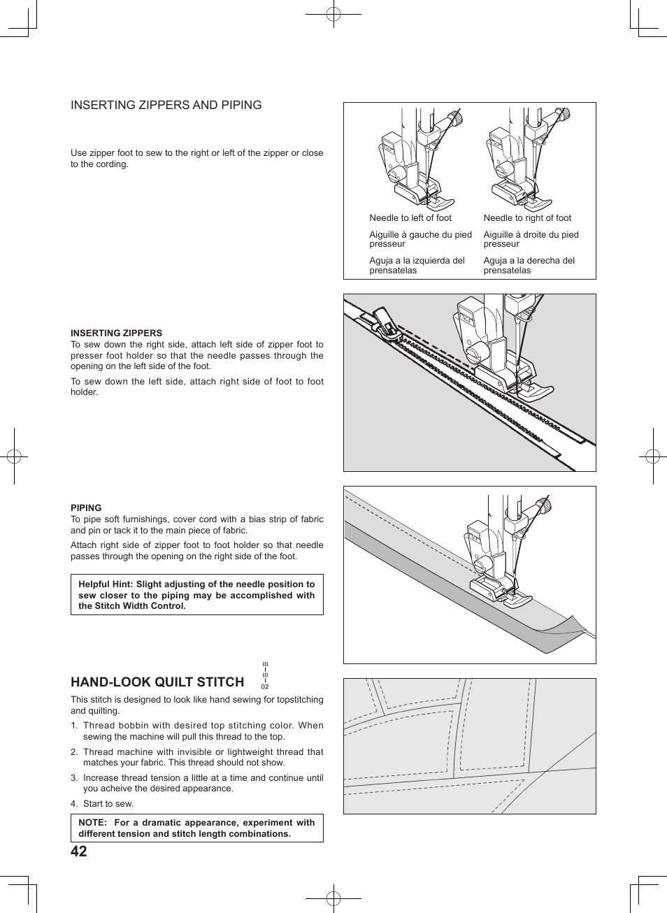 Hand-look quilt stitch, Inserting zippers and piping | SINGER 7467S CONFIDENCE STYLIST User Manual | Page 44 / 88