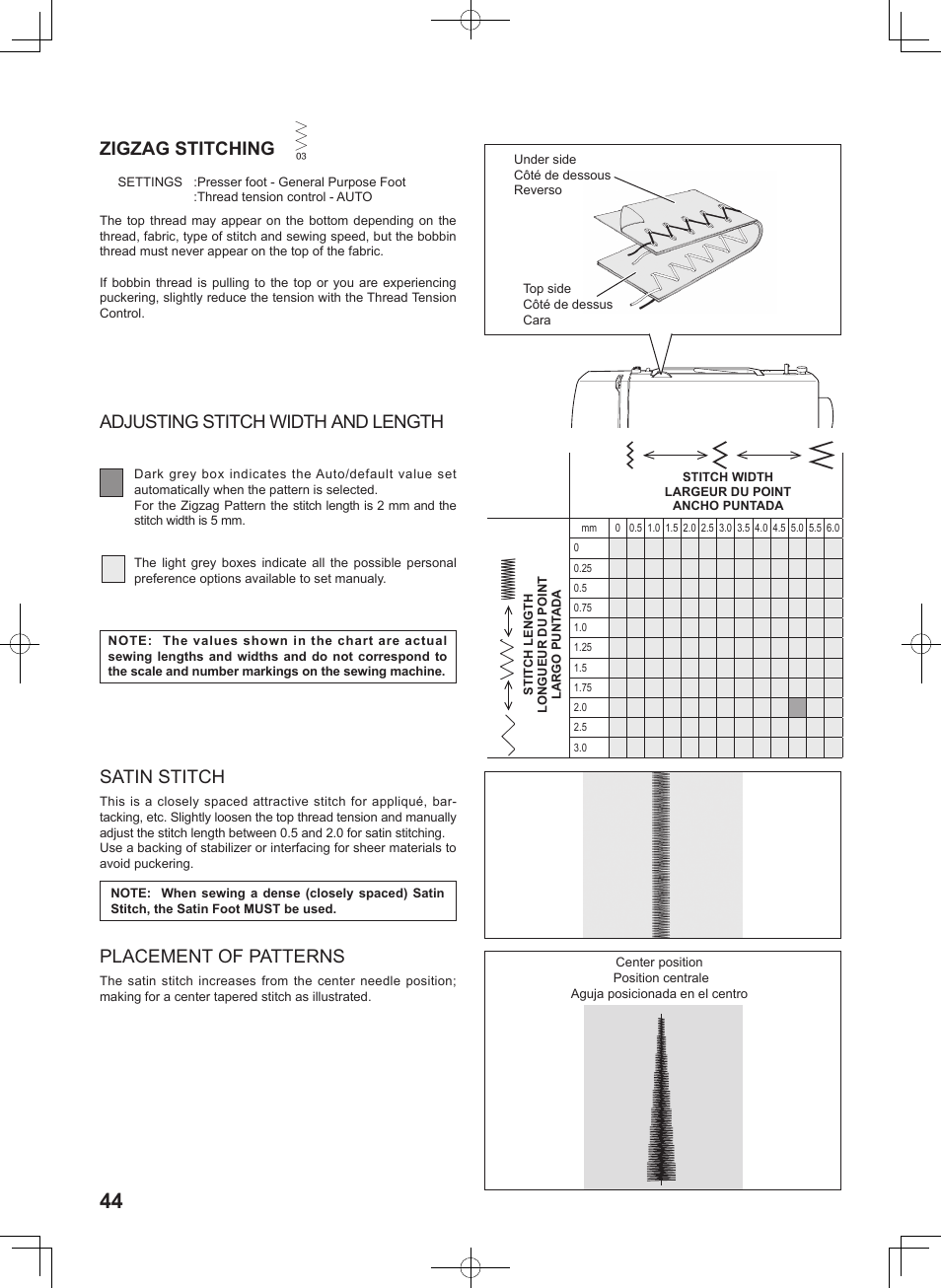 Zigzag stitching, Satin stitch | SINGER 7467S CONFIDENCE STYLIST User Manual | Page 46 / 88