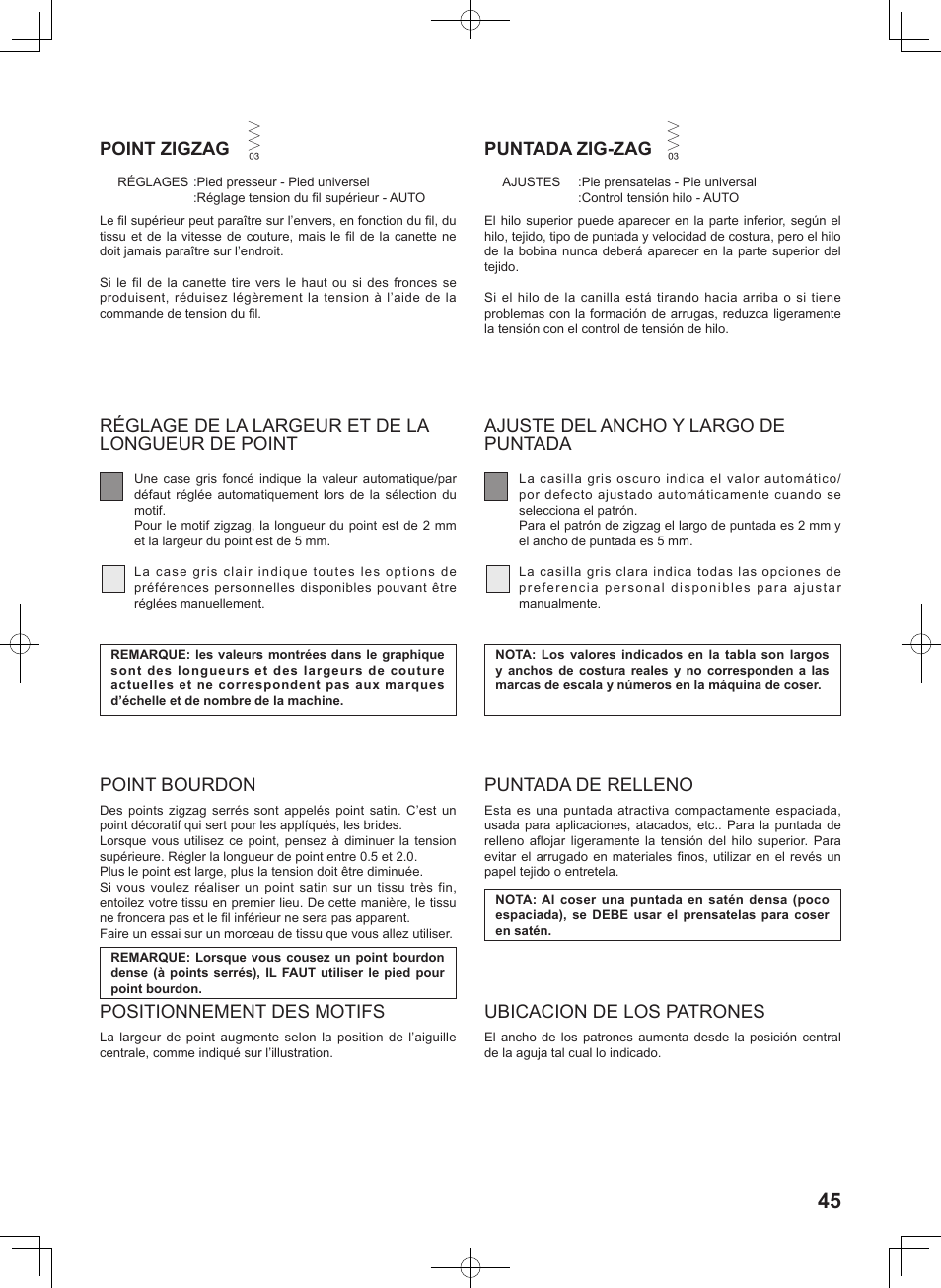 Point zigzag, Point bourdon, Puntada zig-zag | Puntada de relleno | SINGER 7467S CONFIDENCE STYLIST User Manual | Page 47 / 88