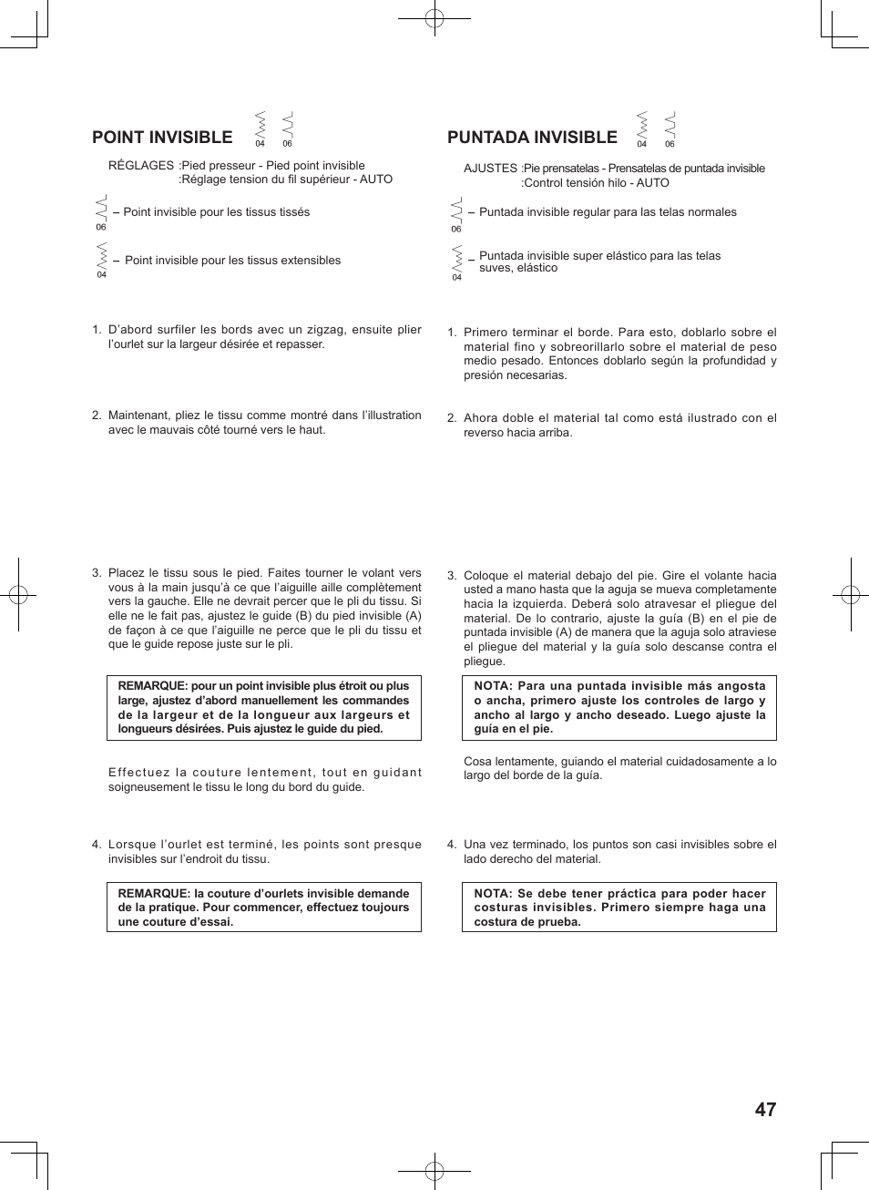 Point invisible, Puntada invisible | SINGER 7467S CONFIDENCE STYLIST User Manual | Page 49 / 88