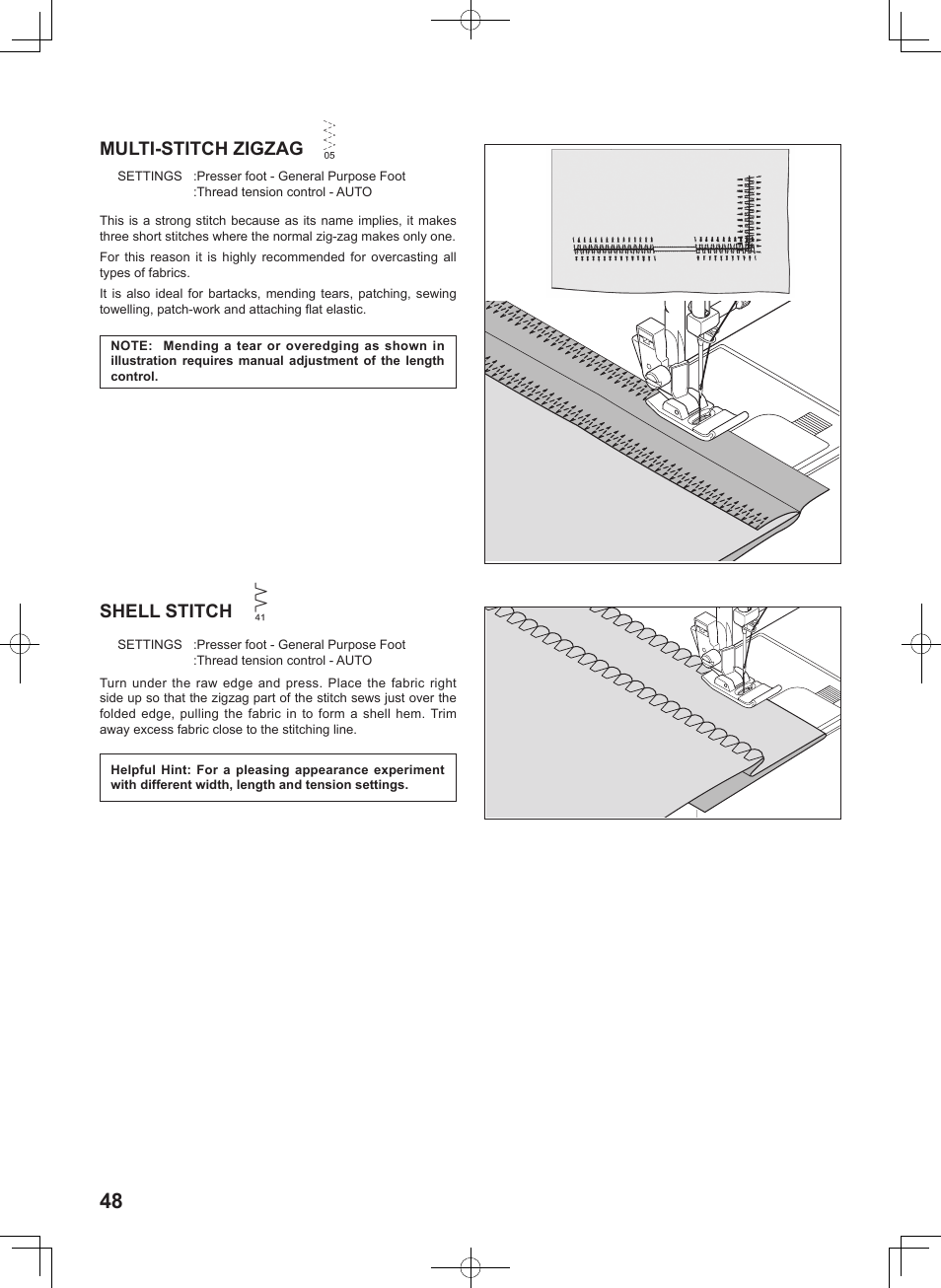 Multi-stitch zigzag, Shell stitch | SINGER 7467S CONFIDENCE STYLIST User Manual | Page 50 / 88