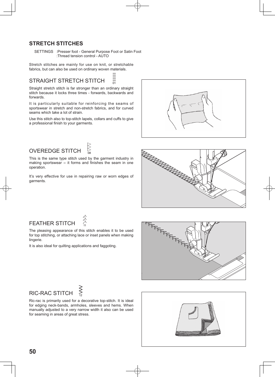 Stretch stitches, Straight stretch stitch, Overedge stitch | Feather stitch, Ric-rac stitch | SINGER 7467S CONFIDENCE STYLIST User Manual | Page 52 / 88