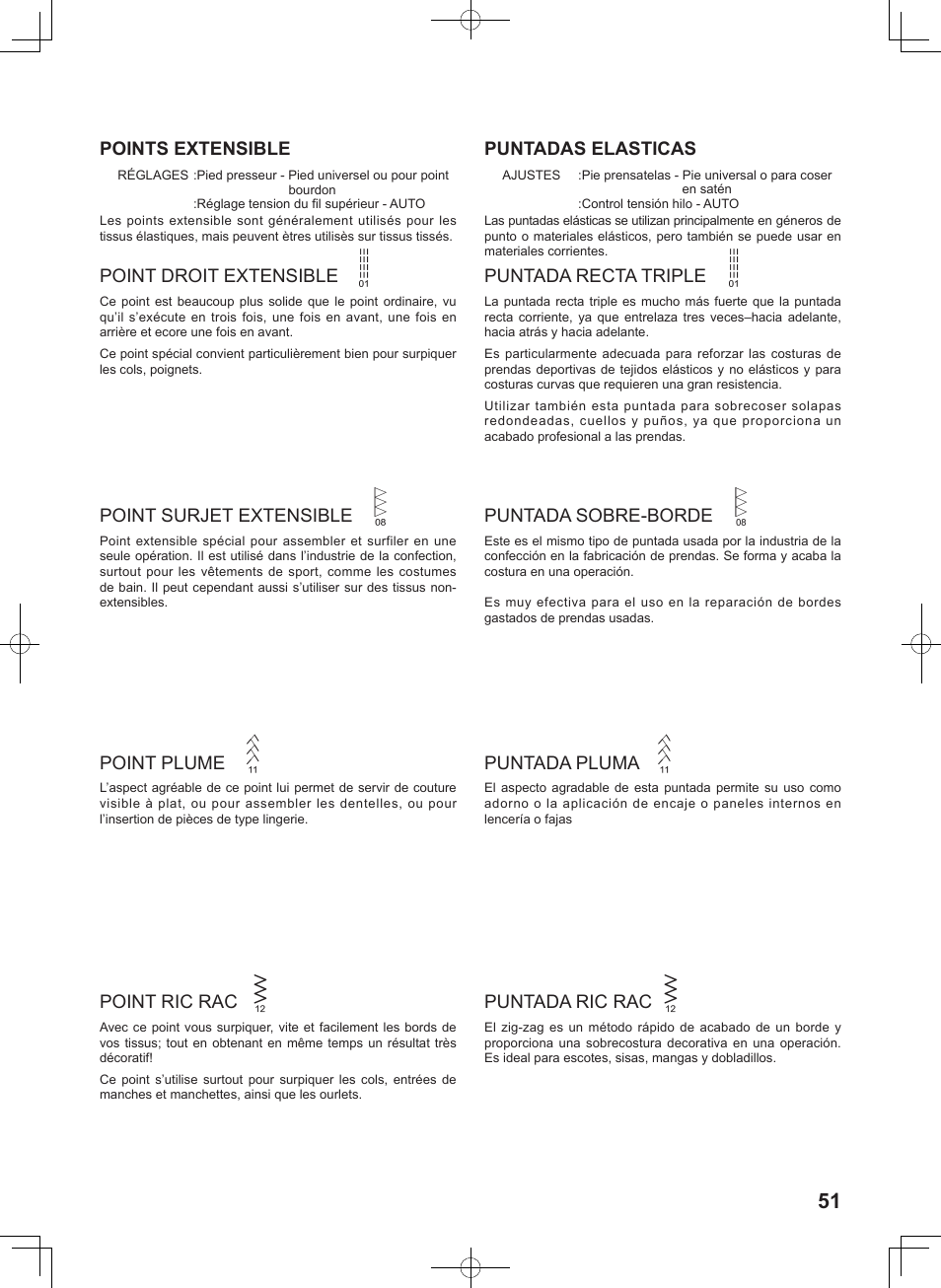 Points extensible, Point droit extensible, Puntadas elasticas | Puntada recta triple, Point surjet extensible, Puntada sobre-borde, Point plume, Puntada pluma, Point ric rac, Puntada ric rac | SINGER 7467S CONFIDENCE STYLIST User Manual | Page 53 / 88