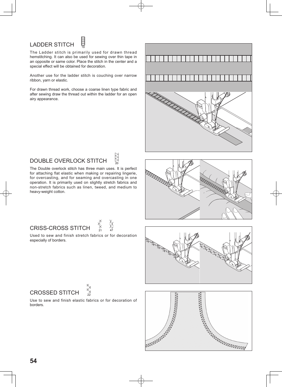 Ladder stitch, Double overlock stitch, Criss-cross stitch | Crossed stitch | SINGER 7467S CONFIDENCE STYLIST User Manual | Page 56 / 88