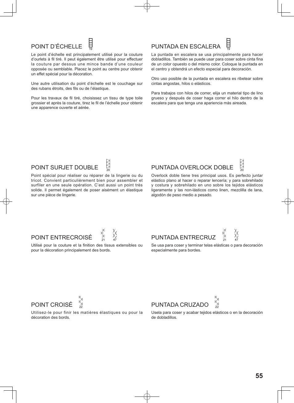 Point d’échelle, Point surjet double, Point entrecroisé | Point croisé, Puntada en escalera, Puntada overlock doble, Puntada entrecruz, Puntada cruzado | SINGER 7467S CONFIDENCE STYLIST User Manual | Page 57 / 88