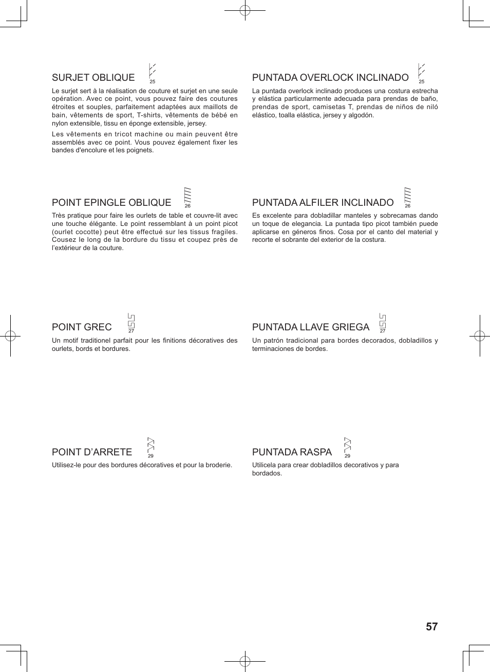 Surjet oblique, Point epingle oblique, Point grec | Point d’arrete, Puntada overlock inclinado, Puntada alfiler inclinado, Puntada llave griega, Puntada raspa | SINGER 7467S CONFIDENCE STYLIST User Manual | Page 59 / 88