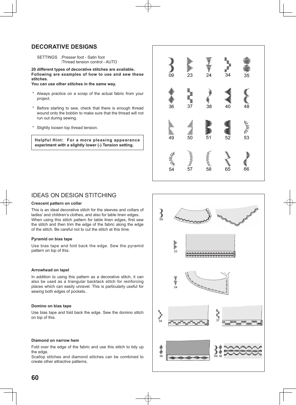 Decorative designs, Ideas on design stitching | SINGER 7467S CONFIDENCE STYLIST User Manual | Page 62 / 88