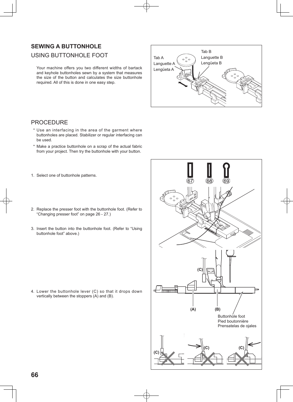 Sewing a buttonhole using buttonhole foot, Procedure | SINGER 7467S CONFIDENCE STYLIST User Manual | Page 68 / 88
