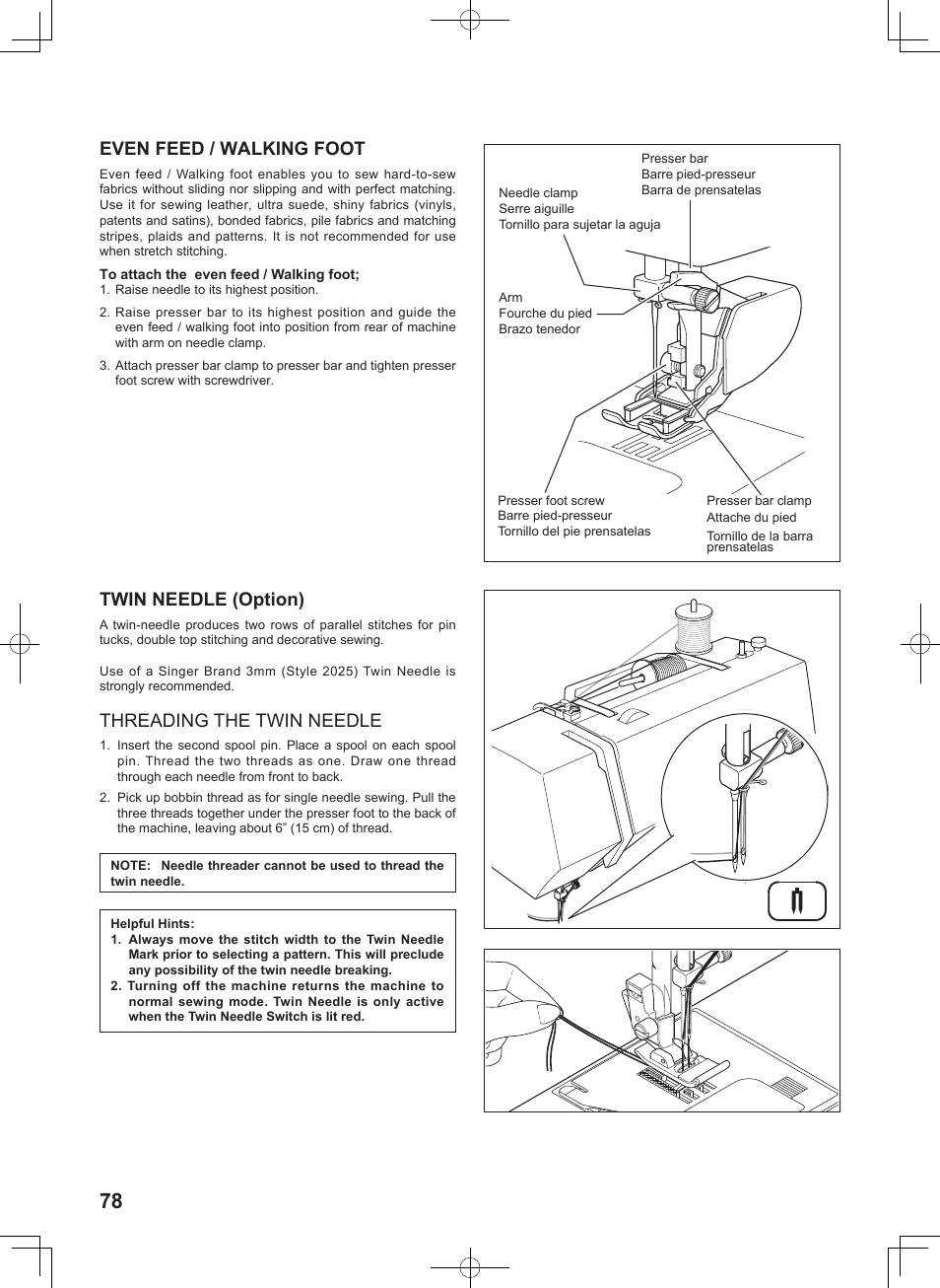 Even feed / walking foot, Twin needle (option), Threading the twin needle | SINGER 7467S CONFIDENCE STYLIST User Manual | Page 80 / 88