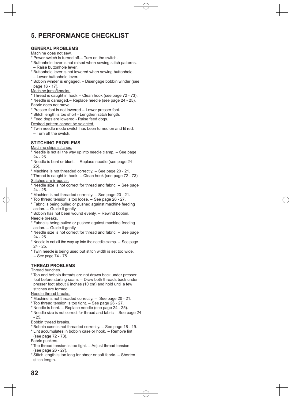 Performance checklist | SINGER 7467S CONFIDENCE STYLIST User Manual | Page 84 / 88