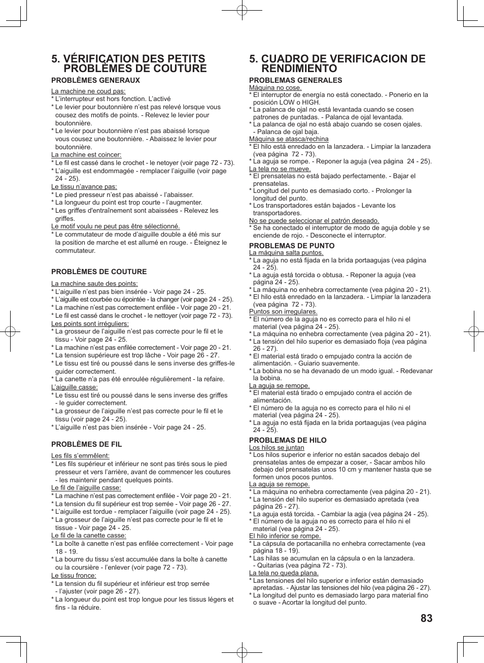 83 5. cuadro de verificacion de rendimiento, Vérification des petits problèmes de couture | SINGER 7467S CONFIDENCE STYLIST User Manual | Page 85 / 88
