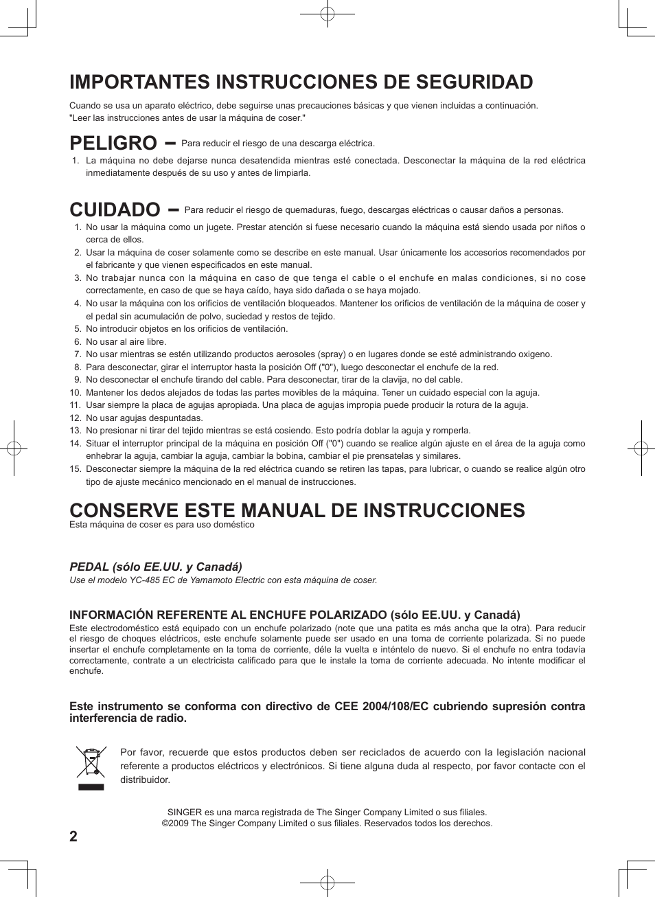 Importantes instrucciones de seguridad, Peligro, Cuidado | Conserve este manual de instrucciones | SINGER 7256 FASHION MATE Instruction Manual User Manual | Page 2 / 74