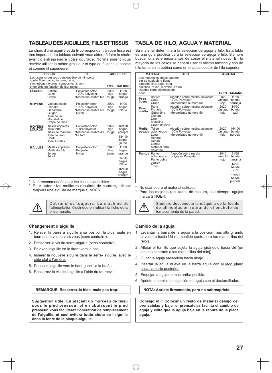 Tabla de hilo, aguja y material, Tableau des aiguilles, fiils et tissus | SINGER 7256 FASHION MATE Instruction Manual User Manual | Page 27 / 74