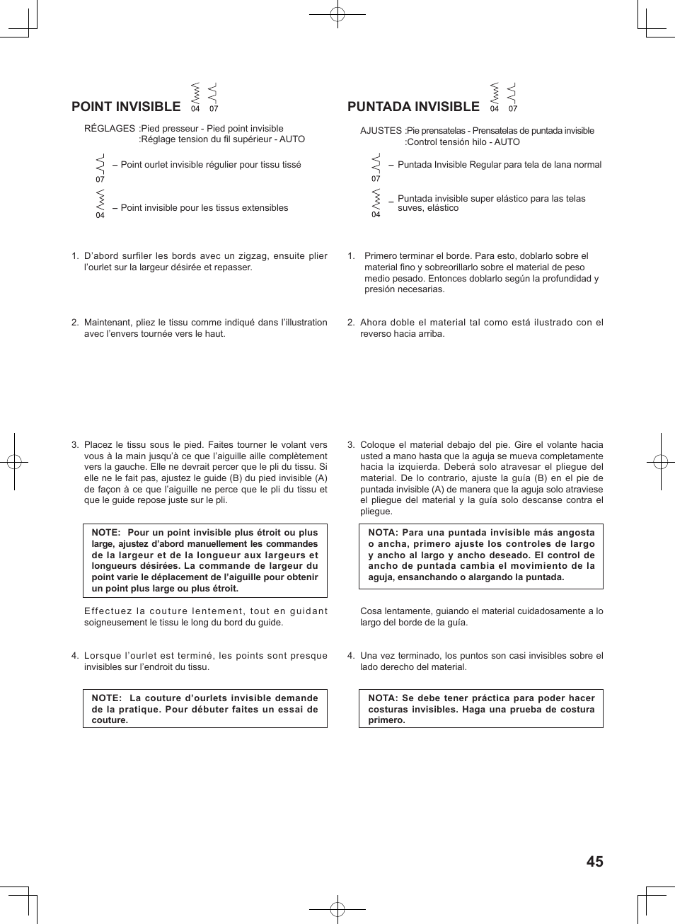 Point invisible, Puntada invisible | SINGER 7256 FASHION MATE Instruction Manual User Manual | Page 45 / 74