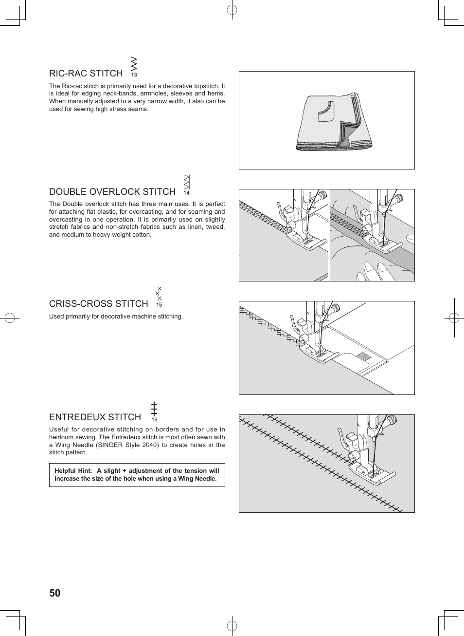 Ric-rac stitch, Double overlock stitch, Entredeux stitch | Criss-cross stitch | SINGER 7256 FASHION MATE Instruction Manual User Manual | Page 50 / 74