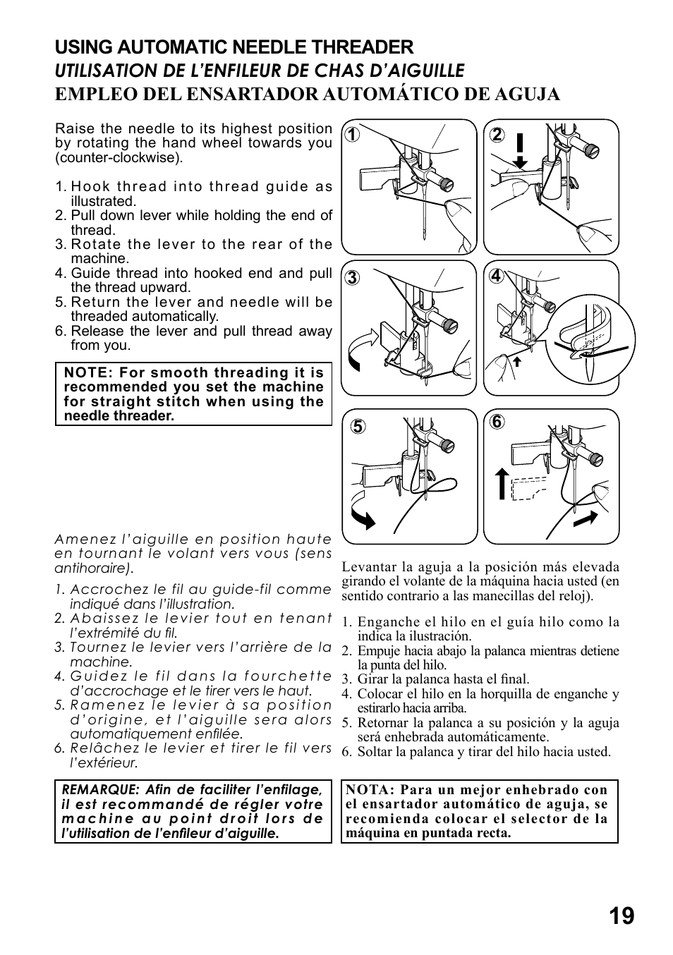 Using automatic needle threader, Empleo del ensartador automático de aguja, Utilisation de l’enfileur de chas d’aiguille | SINGER 6199 User Manual | Page 21 / 64