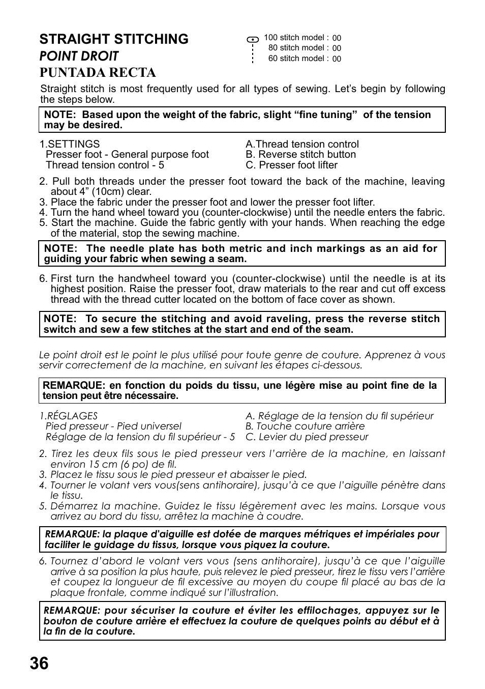 Straight stitching, Puntada recta, Point droit | SINGER 6199 User Manual | Page 38 / 64