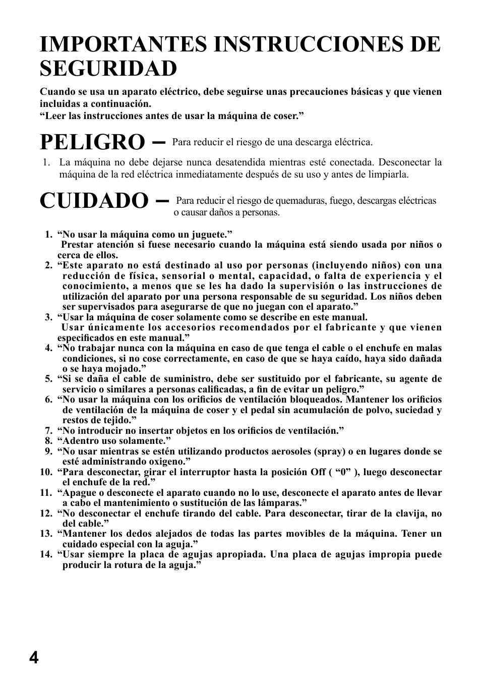 Importantes instrucciones de seguridad, Peligro, Cuidado | SINGER 6199 User Manual | Page 6 / 64