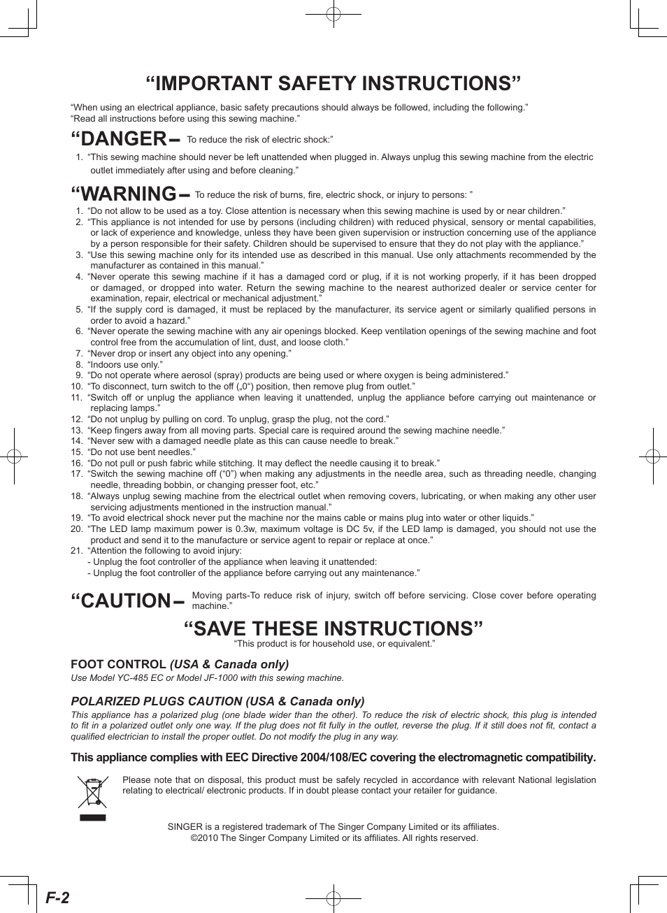 Important safety instructions” “warning, Save these instructions, Danger | Caution | SINGER 5625 STYLIST II User Manual | Page 2 / 96