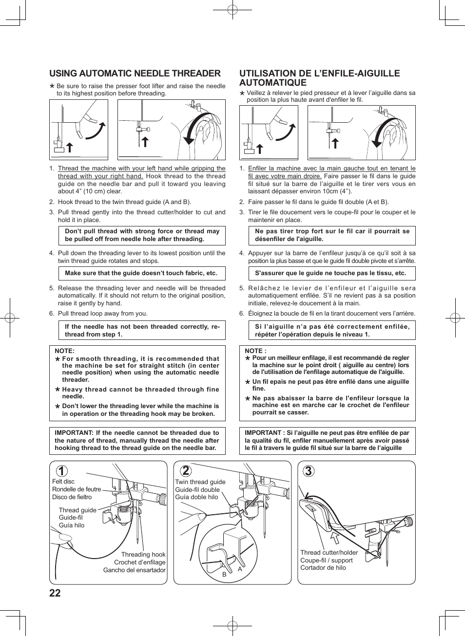 Using automatic needle threader, Utilisation de l’enfile-aiguille automatique | SINGER 5625 STYLIST II User Manual | Page 24 / 96